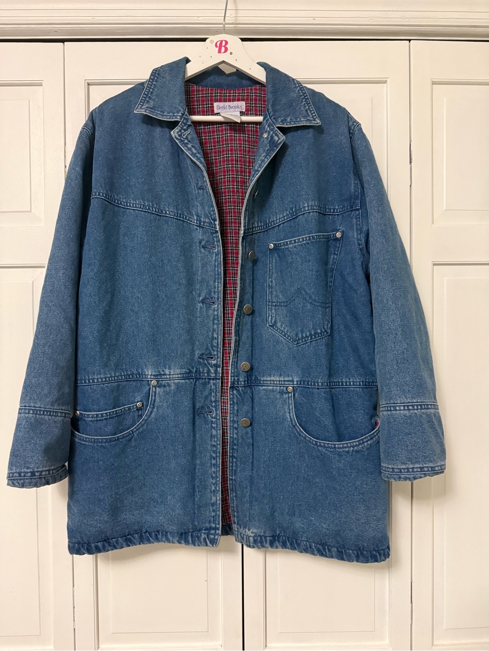 Vintage Unisex David Brooks Blue Denim Jacket Red Plaid Flannel Lined Chore Coat